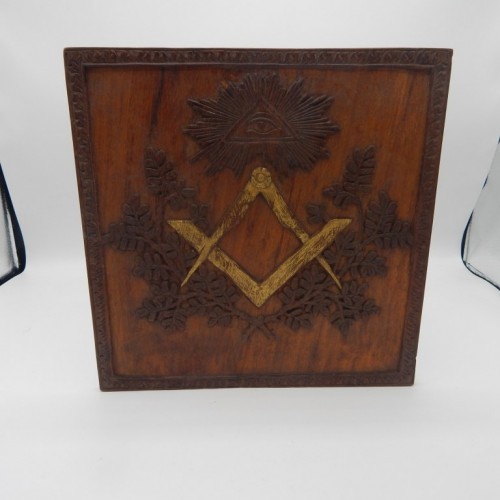 wooden hand extended panel with compass and square. with gold paint