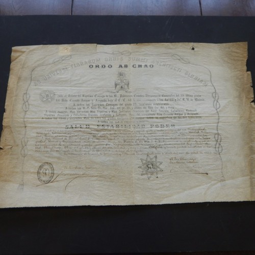 1884 certificate grand lodge of Spain for Bro Belgium.