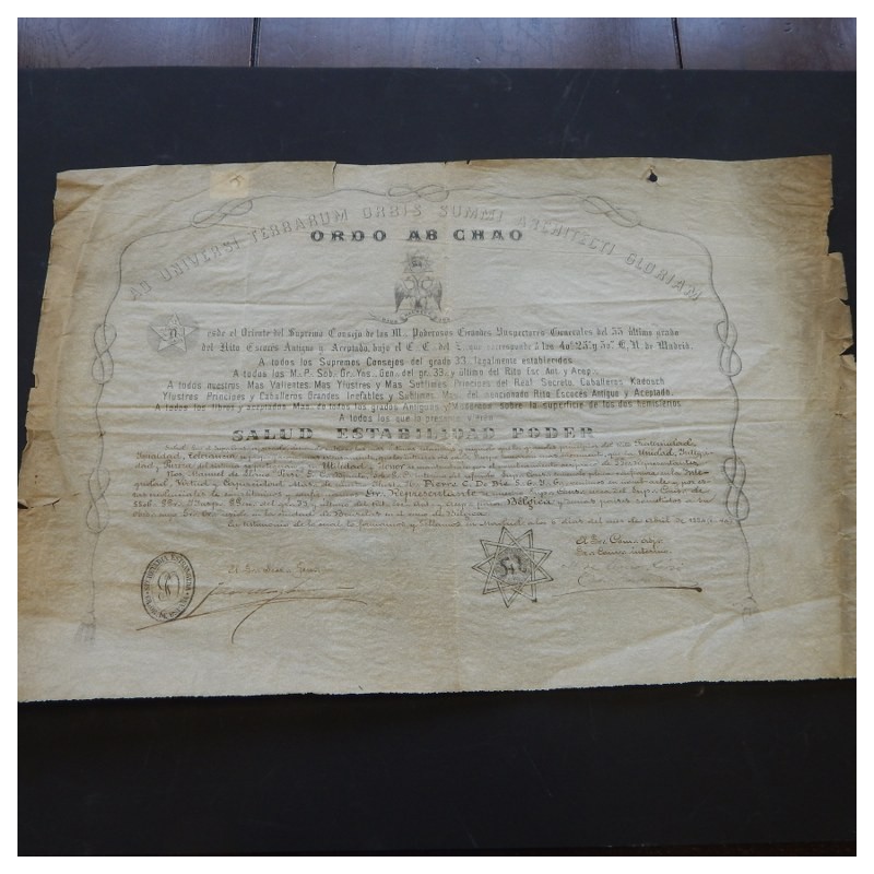 1884 certificate grand lodge of Spain for Bro Belgium.