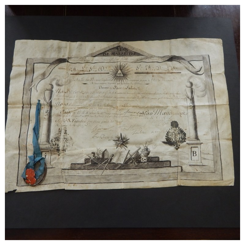 1802 hand made diploma Marseille Loge La Paix et la Charite