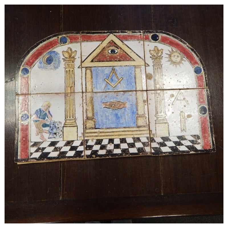 19th century Plateau with 6 antique tiles with a Masonic representation.