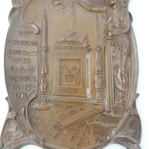 1906 Bronze plaque cast in relief with Masonic allegory.