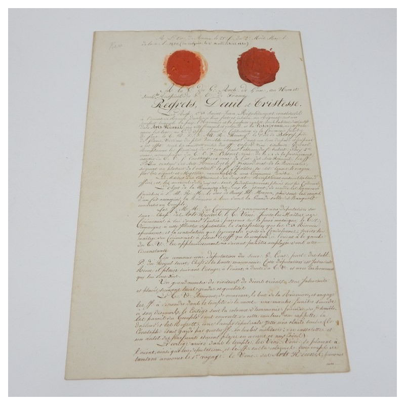 France 1825 unique document de la celebration de la ceremonie funebre Duc de Berry ( Charles Ferdinand de Bourbon)
