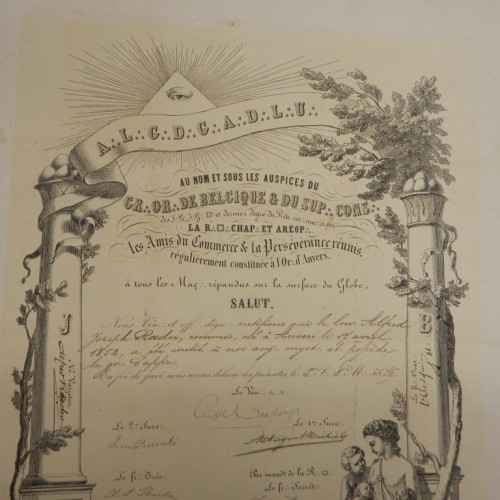1876 Antwerpen diplome D&#039;Adoption Les Amis du Commerce et la Perseverance reunis